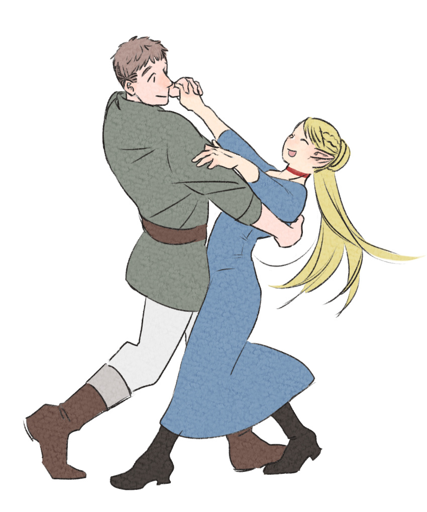1boy, 1girl, ^_^, adapted_costume, bangs, blonde_hair, blue_dress, boots