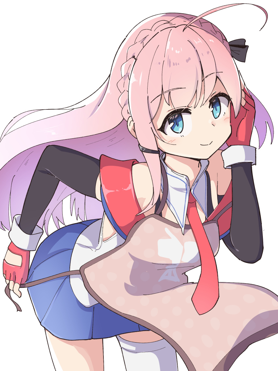 1girl, ahoge, apron, arm_warmers, atlanta_(azur_lane), azur_lane, bangs, bare_shoulders, black_ribbon, blue_eyes, blue_skirt, blush, braid, breasts, closed_mouth, commentary_request, cowboy_shot, crown_braid, eyebrows_visible_through_hair, fingerless_gloves, gloves, hair_between_eyes, hair_ornament, hair_ribbon, hand_up, highres, leaning_forward, long_hair, looking_at_viewer, necktie, nekonetoru_take, pink_hair, red_gloves, red_necktie, ribbon, shirt, sidelocks, simple_background, single_thighhigh, skirt, sleeveless, sleeveless_shirt, small_breasts, smile, solo, standing, thigh-highs, tying_apron, white_background, white_legwear, white_shirt