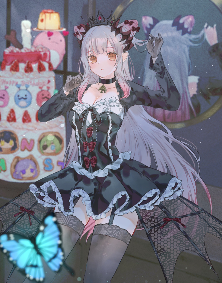 774_inc., absurdres, birthday_cake, black_dress, bone, breasts, cake, candle