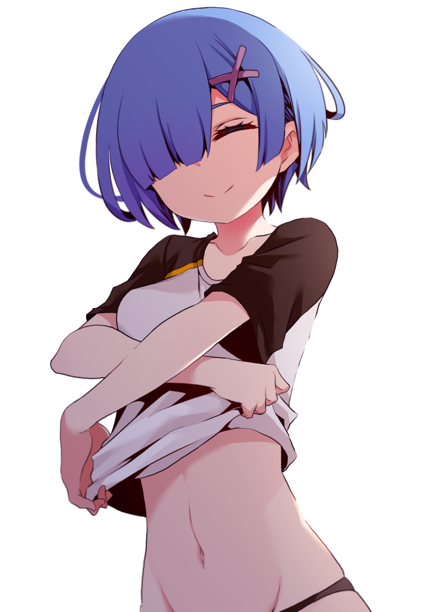 1girl, black_panties, black_sleeves, blue_hair, borrowed_garments, closed_eyes, clothes_lift, collarbone, facing_viewer, groin, hair_ornament, hair_over_one_eye, highres, lifted_by_self, midriff, navel, panties, re:zero_kara_hajimeru_isekai_seikatsu, rem_(re:zero), shirt, shirt_lift, short_hair, short_sleeves, simple_background, smile, solo, stomach, underwear, undressing, upper_body, white_background, white_shirt, x_hair_ornament, yasehattagi