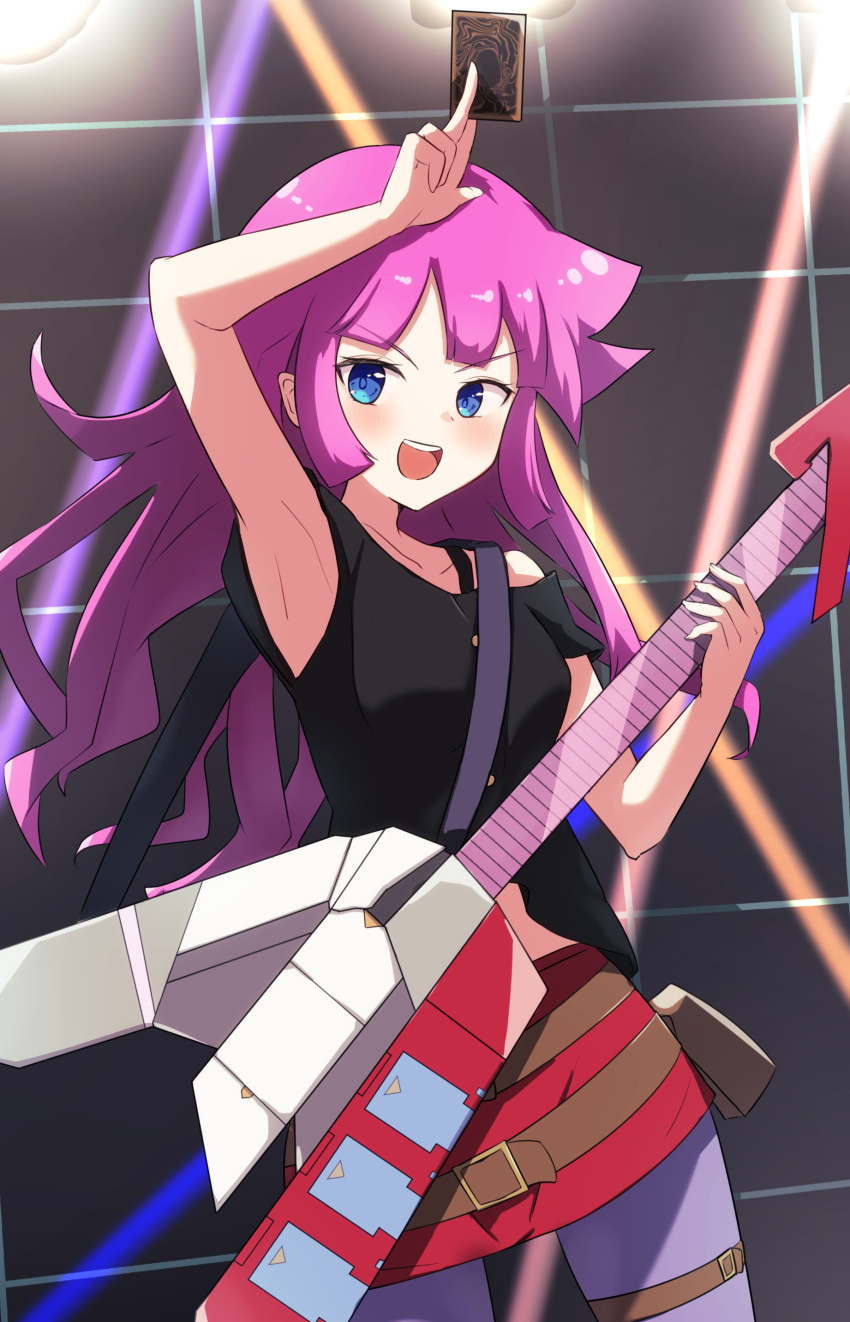 1girl, :d, absurdres, arm_up, armpits, belt, belt_buckle, black_shirt