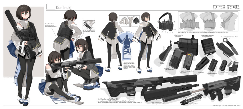 1girl, absurdres, artist_name, black_kimono, black_legwear, bridal_gauntlets, brown_hair, character_sheet