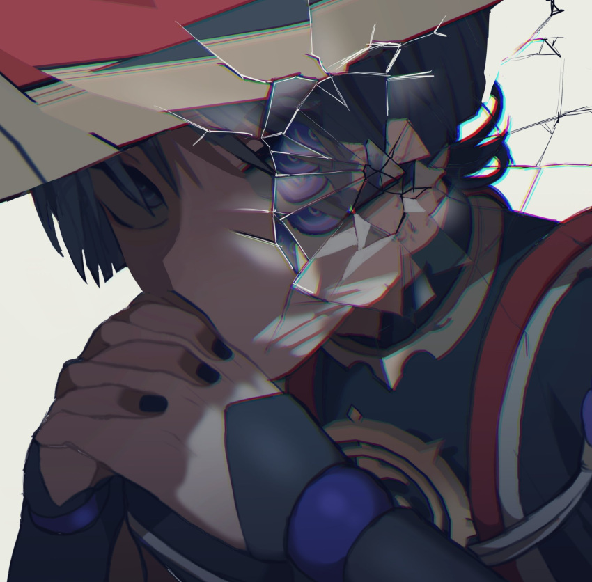 1220_(fowlr), 1boy, black_nails, broken_glass, genshin_impact, glass, highres, japanese_clothes