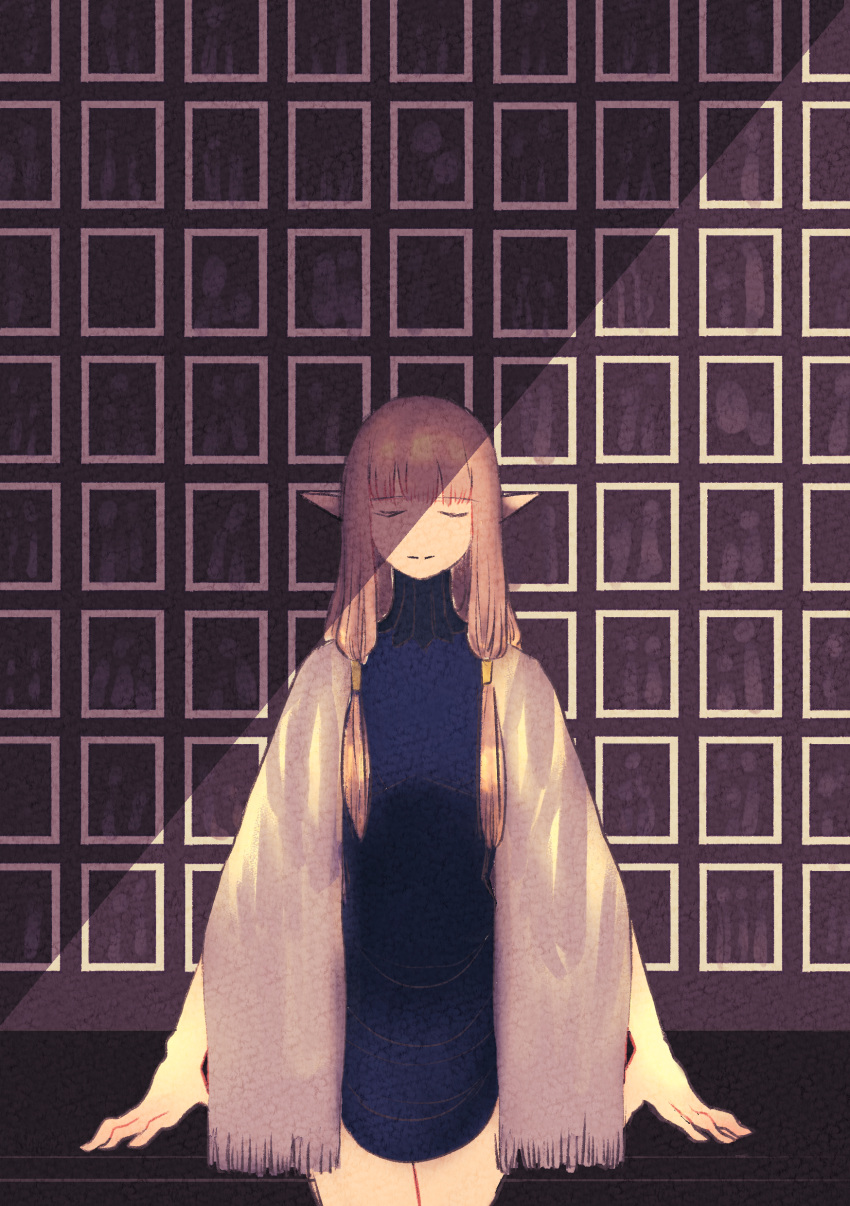 1girl, absurdres, arm_support, arms_at_sides, bangs, blue_dress, blunt_bangs, closed_eyes