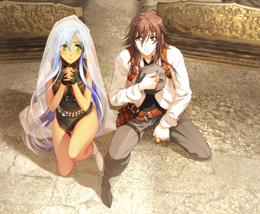 blue_eyes, blue_hair, blush, boots, bride, church, cowboy, fingerless_gloves, franco_il_nero, game_cg, gloves, green_eyes, highres, julian_merrywood, kneeling, long_hair, nervous, ni&theta;, ni_theta, nitroplus, praying, red_hair, straddle, thigh_strap, tre_donne_crudeli, tsuzuki_satsuriku_no_jango, western