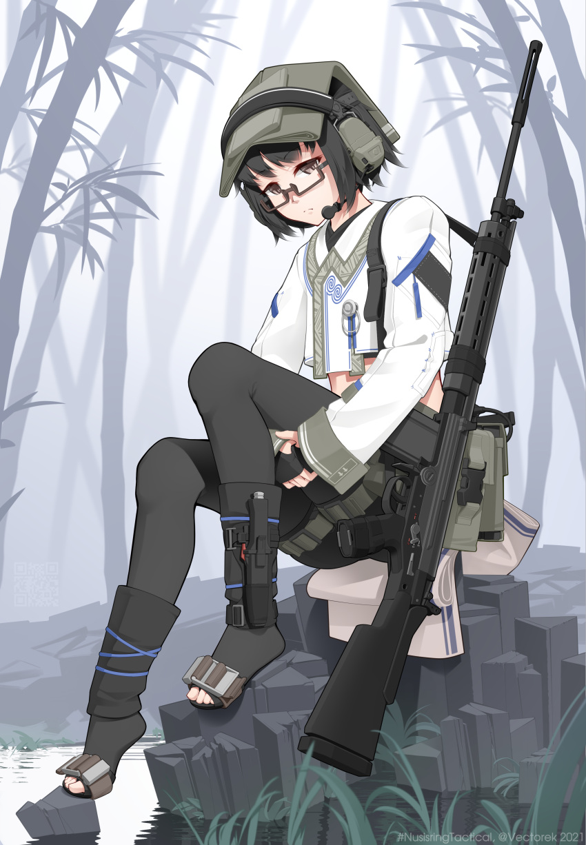 absurdres, bamboo, bamboo_forest, battle_rifle, black_footwear, black_hair, black_legwear, brown_eyes