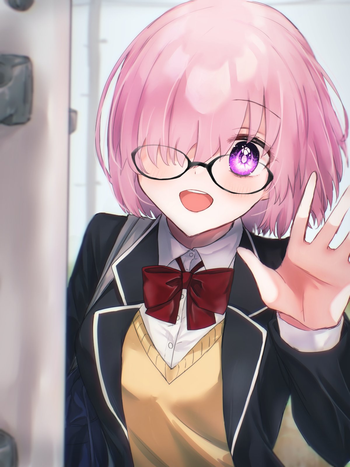 1girl, alternate_costume, black-framed_eyewear, black_jacket, bow, bowtie, collared_shirt, commentary_request