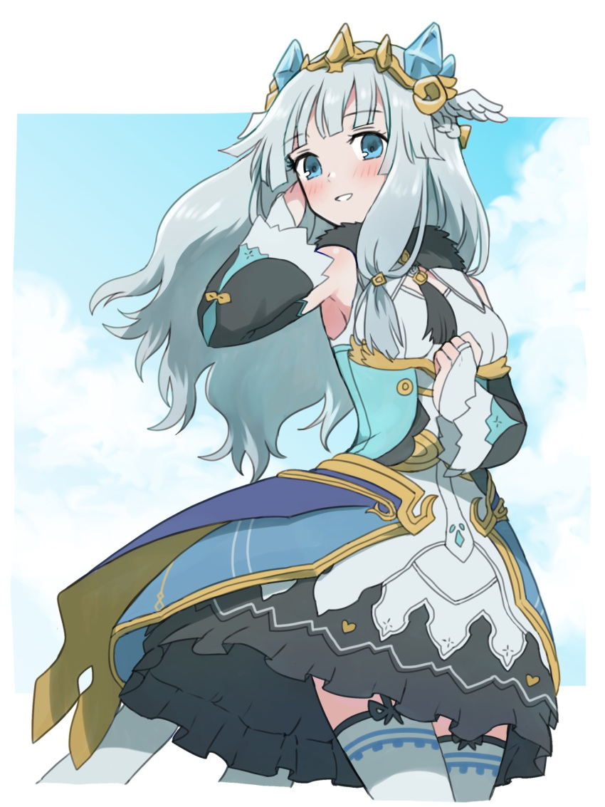 1girl, apo_518, bangs, bare_shoulders, beatrice_(rune_factory), blue_eyes, blush, breasts, bridal_gauntlets, dress, grey_hair, highres, jewelry, long_hair, looking_at_viewer, medium_breasts, rune_factory, rune_factory_5, smile, solo, tiara, wing_hair_ornament