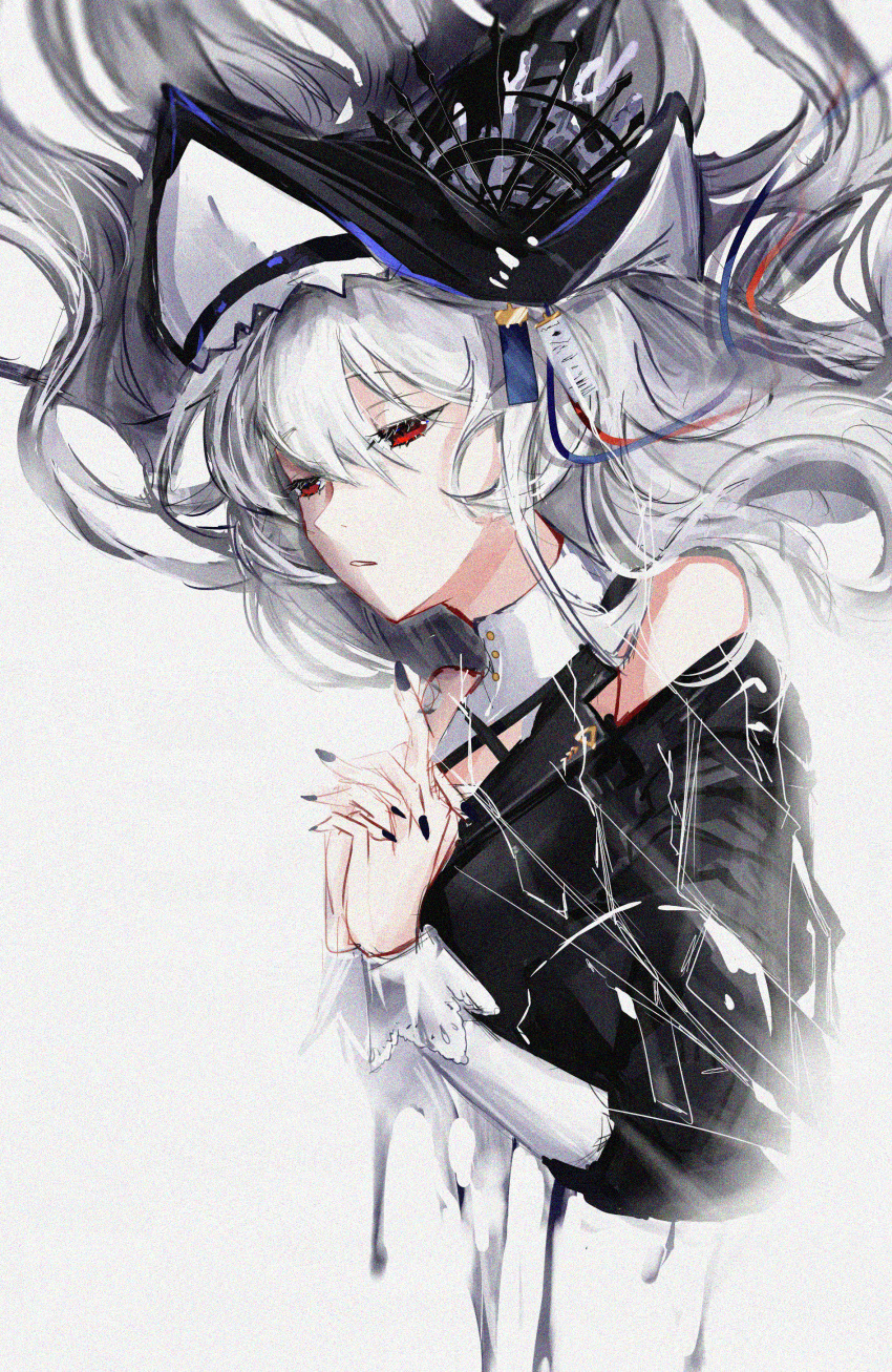 1girl, absurdres, arknights, bare_shoulders, black_headwear, black_nails, chinese_commentary, commentary_request, cropped_torso, expressionless, half-closed_eyes, highres, ko_no_maoyu_da, long_hair, long_sleeves, looking_away, nail_polish, own_hands_clasped, own_hands_together, parted_lips, red_eyes, silver_hair, simple_background, solo, specter_(arknights), specter_the_unchained_(arknights), upper_body, very_long_hair, white_background
