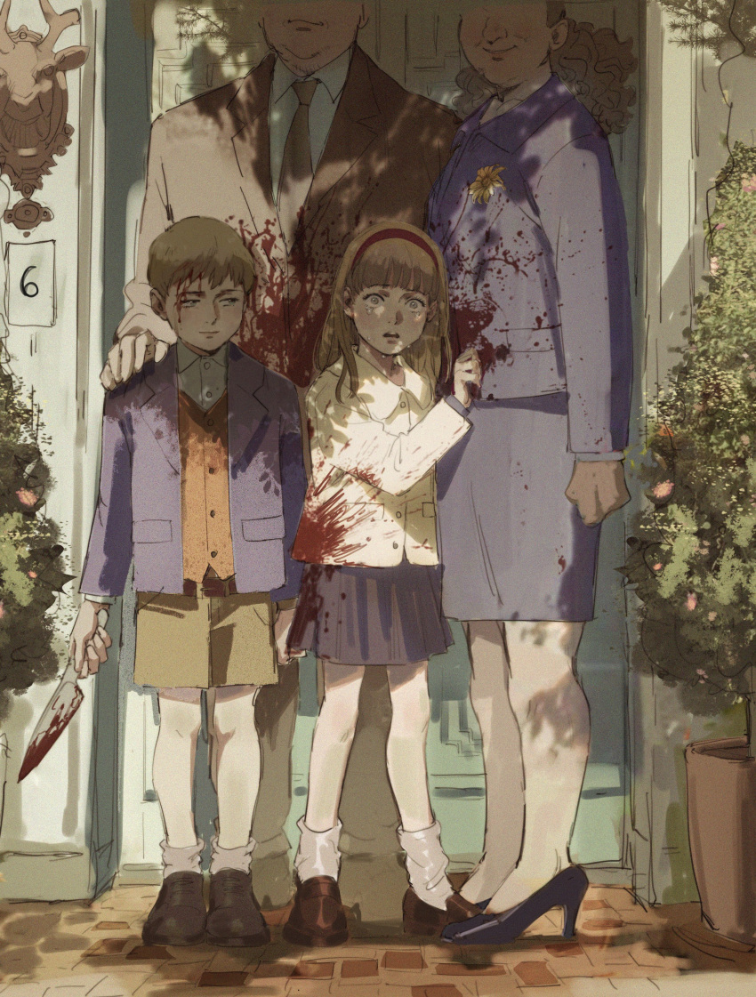 2boys, 2girls, absurdres, ankle_boots, anna_liebert, arms_at_sides, bangs, bare_legs, black_footwear, blonde_hair, blood, blood_on_clothes, blood_on_face, blood_on_weapon, blood_splatter, blue_eyes, blunt_bangs, boots, brown_footwear, brown_jacket, brown_necktie, brown_shorts, buttons, child, closed_mouth, clothes_grab, collared_shirt, dappled_sunlight, door, dress_shirt, dudles, full_body, head_out_of_frame, headband, high_heels, highres, holding, holding_knife, jacket, johan_liebert, knife, long_hair, looking_at_another, looking_at_viewer, monster_(manga), multiple_boys, multiple_girls, necktie, open_clothes, open_jacket, open_mouth, orange_shirt, outdoors, plant, pleated_skirt, pumps, purple_jacket, red_headband, scared, shirt, short_hair, shorts, skirt, standing, sunlight, vase, weapon, white_shirt, wide-eyed