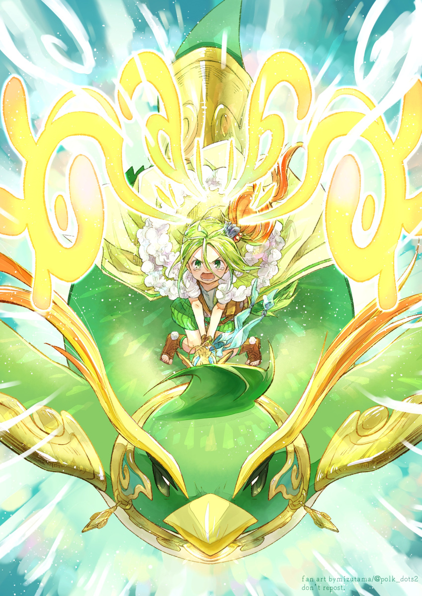 1girl, absurdres, ahoge, artist_name, bag, bangs, beak, bird, blue_background, brown_footwear, cloak, commentary, daigusto_laplampilica, duel_monster, full_body, fur-trimmed_cloak, fur_trim, gradient_hair, green_cloak, green_eyes, green_hair, green_shorts, grey_shirt, hair_between_eyes, hair_ornament, highres, holding, holding_staff, kneeling, long_hair, looking_at_viewer, lower_teeth, mizutama_(mizutamalion), multicolored_hair, open_mouth, orange_hair, penguin, pilica_descendant_of_gusto, shell_hair_ornament, shirt, shorts, shoulder_bag, side_ponytail, sidelocks, spiritual_beast_rampengu, staff, tears, teeth, toeless_footwear, twitter_username, yu-gi-oh!
