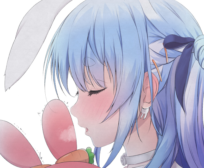 1girl, absurdres, animal_ears, bangs, blowing_in_ear, blue_hair, blue_ribbon, blush