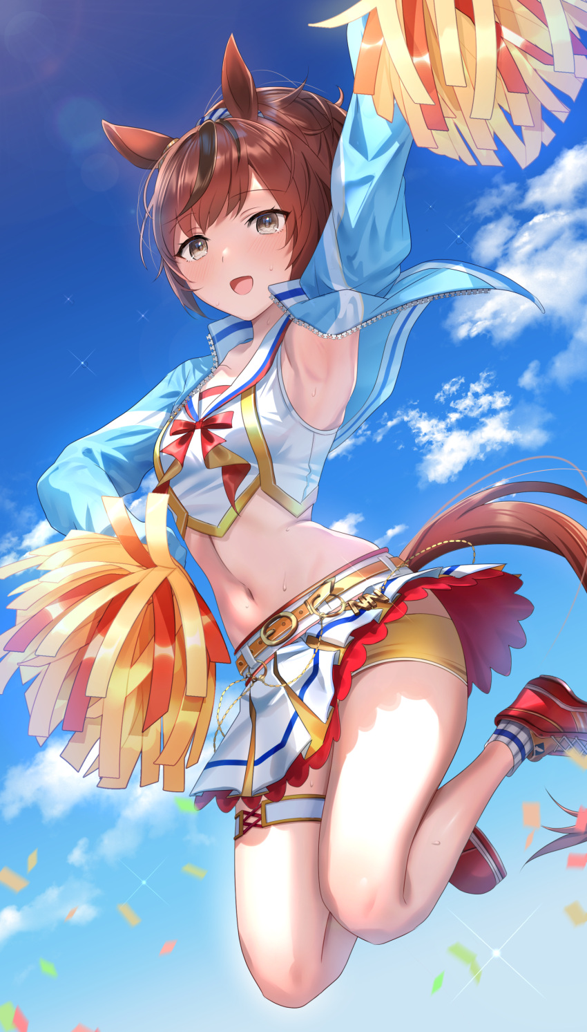1girl, absurdres, akebono_kt, animal_ears, armpits, bangs, belt, blue_jacket
