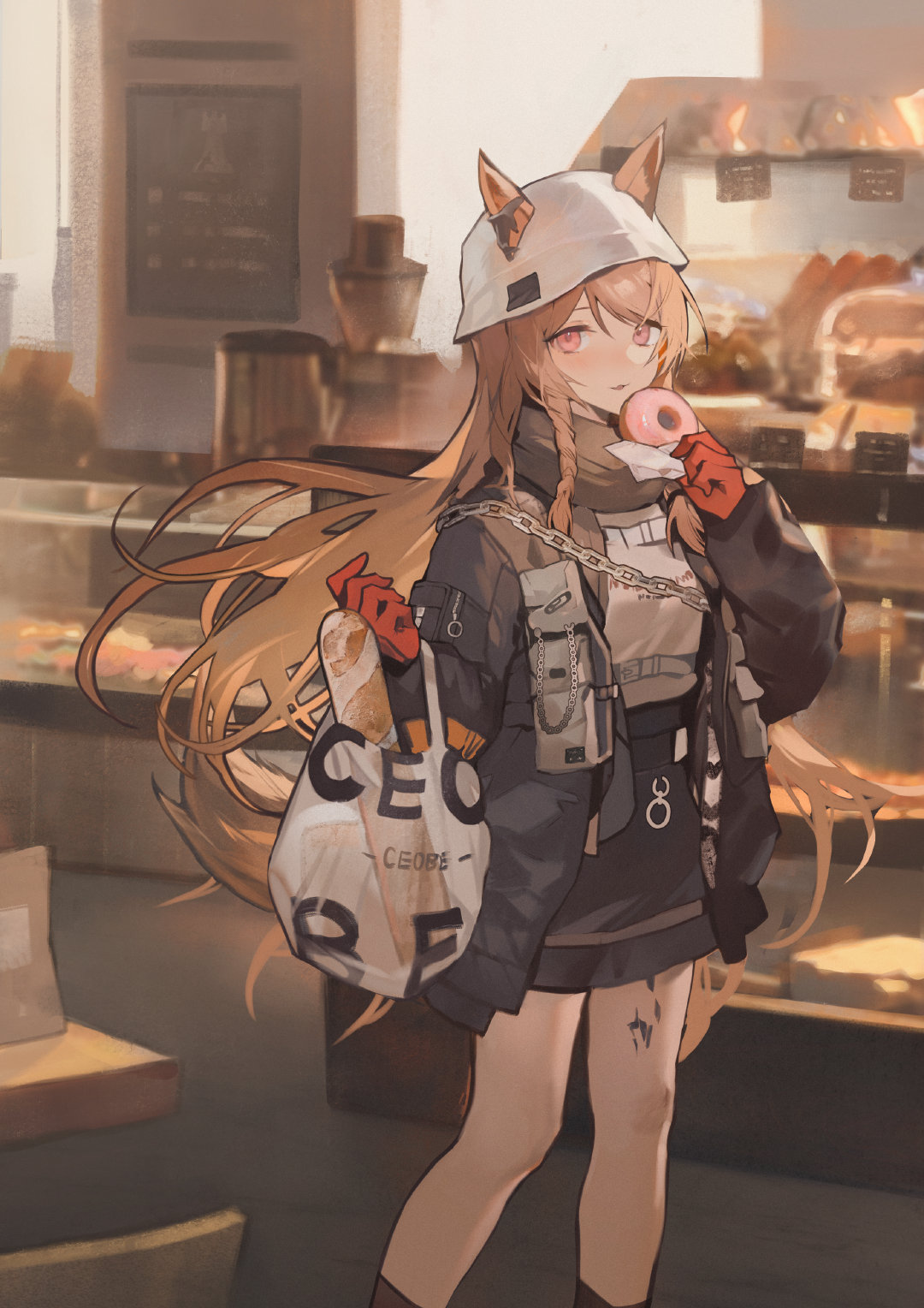 1girl, ajirui, animal_ears, arknights, bag, bakery, black_coat, black_legwear