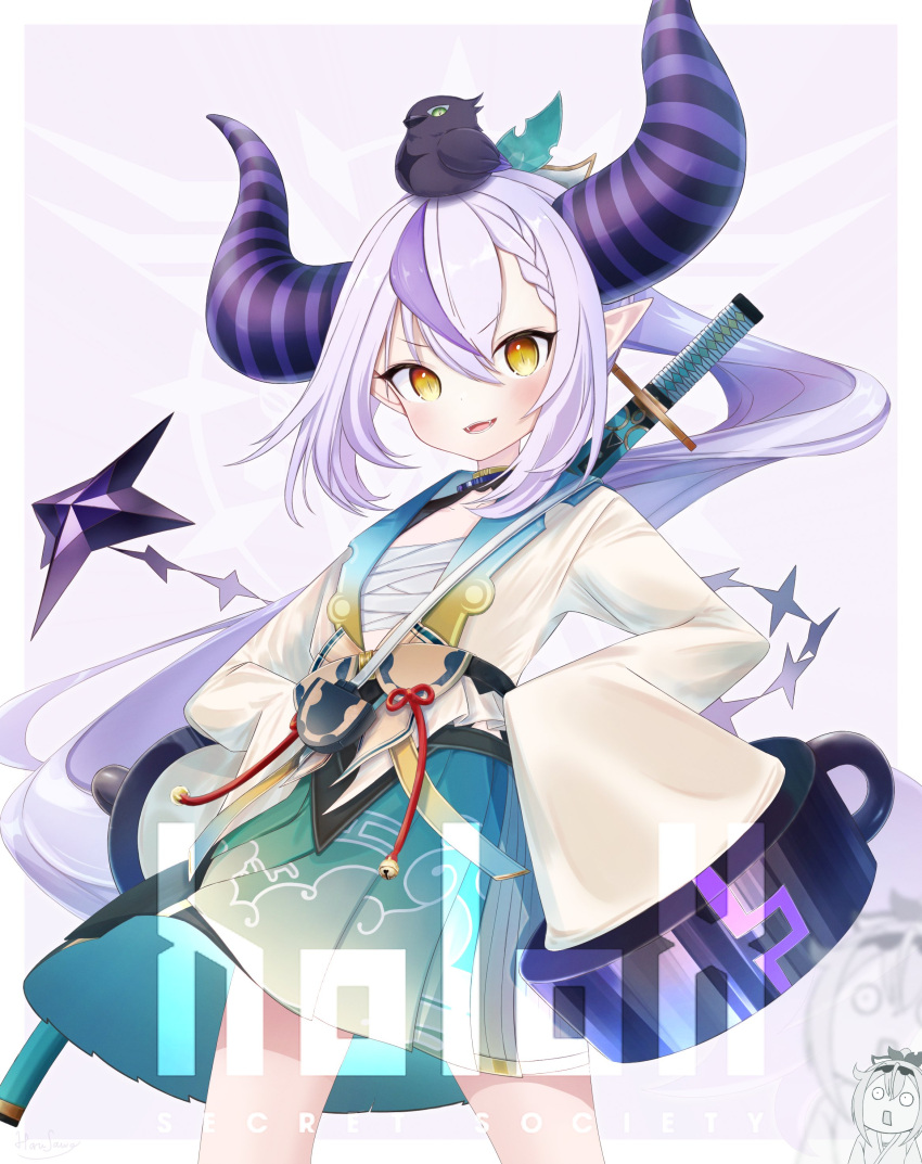 1girl, 2girls, absurdres, animal_on_head, bangs, bird, bird_on_head, black_horns, blue_skirt, blush, braid, braided_bangs, cosplay, cowboy_shot, crow_(la+_darknesss), demon_girl, demon_horns, fangs, flat_chest, hair_between_eyes, hakama, hakama_short_skirt, hakama_skirt, hands_on_hips, harusame_meronn, highres, hololive, horns, japanese_clothes, katana, kazama_iroha, kazama_iroha_(cosplay), la+_darknesss, light_purple_hair, long_hair, looking_at_viewer, multicolored_hair, multiple_girls, obi, on_head, parted_lips, pointy_ears, ponytail, purple_hair, purple_horns, sash, skirt, sleeves_past_fingers, sleeves_past_wrists, slit_pupils, smile, solo, solo_focus, streaked_hair, striped_horns, sword, tail, very_long_hair, virtual_youtuber, weapon, weapon_on_back, yellow_eyes