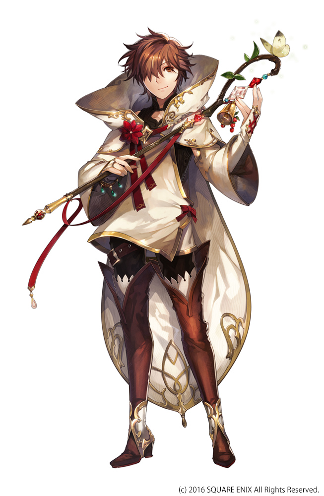 1boy, bell, brown_hair, bug, butterfly, capelet, flower, full_body, grimms_notes, hair_over_one_eye, joringel_(grimms_notes), kyouka_hatori, male_focus, official_art, ribbon, short_hair, simple_background, smile, solo, wand, weapon, white_background