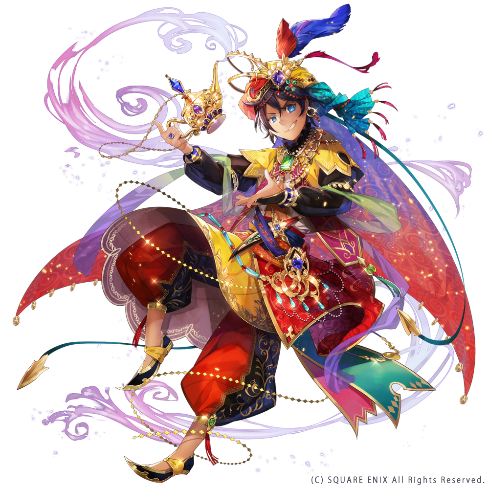 1boy, arabian_clothes, black_hair, blue_eyes, chaos_aladdin, copyright, earrings, full_body, grimms_notes, grin, jewelry, knife, kyouka_hatori, male_focus, official_art, oil_lamp, pointy_footwear, ring, short_hair, smile, solo, teeth, transparent_background, turban, weapon