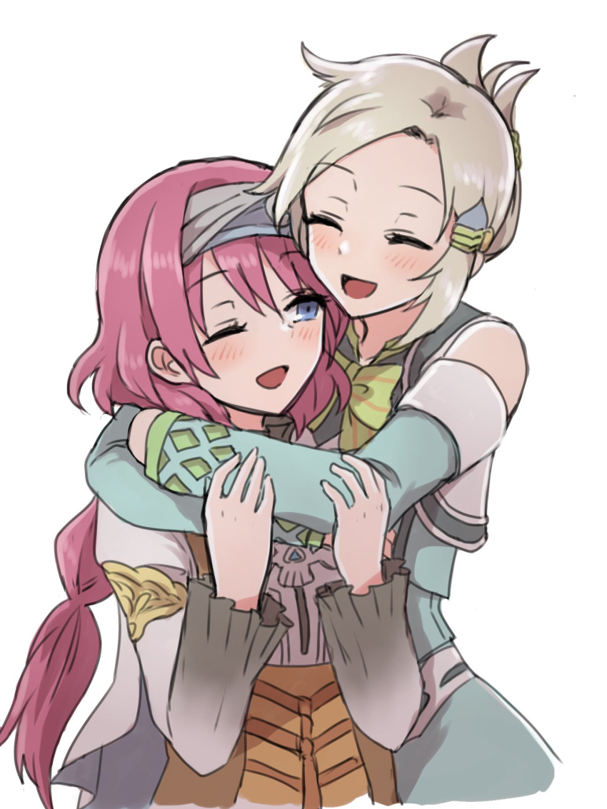 2girls, apo_518, bangs, bare_shoulders, blonde_hair, blue_eyes, breasts, closed_eyes