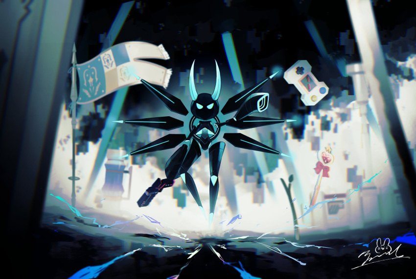 #compass, aqua_eyes, arm_up, black_hair, black_theme, bugdoll, fukagawa_matoi, highres