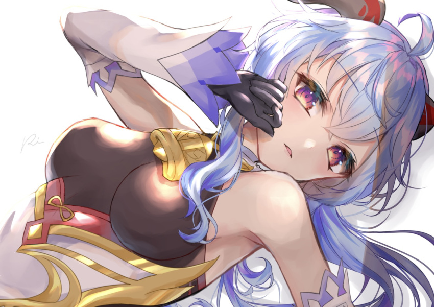 1girl, ahoge, bangs, bare_shoulders, bell, black_gloves, blue_hair, blush