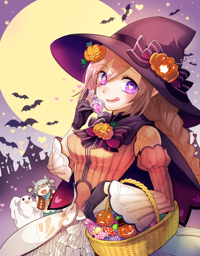 1boy, 2girls, bangs, basket, bat, bow, braid, breasts, candy, capelet, demon_girl, detached_sleeves, fishnet_fabric, flask, food, full_moon, ghost_costume, gloves, halloween_bucket, halloween_costume, hat, heart, heart-shaped_pupils, hina_(rune_factory), holding, holding_flask, jack-o'-lantern, julian_(rune_factory), kawazoemariko, licking_lips, long_hair, looking_at_viewer, ludmila_(rune_factory), medium_breasts, moon, multiple_girls, outdoors, pointy_ears, rune_factory, rune_factory_5, symbol-shaped_pupils, tongue, tongue_out, twin_braids, twintails, upper_body, violet_eyes, witch_hat