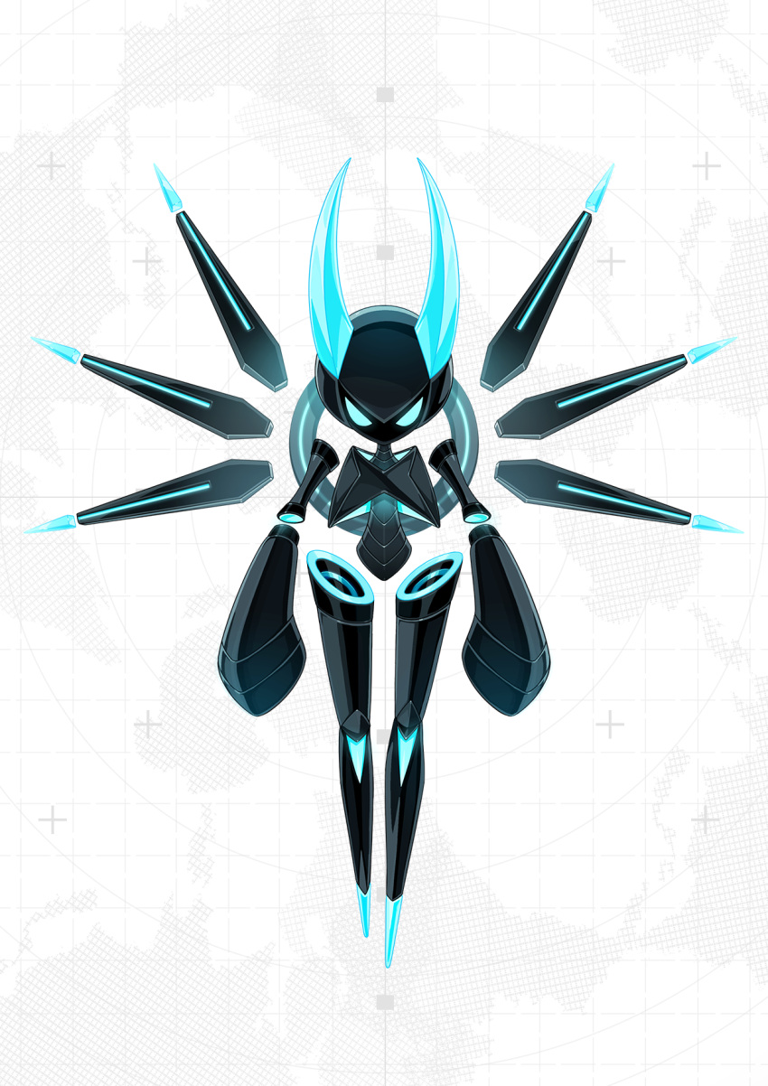 #compass, 1girl, blank_eyes, blue_eyes, blue_horns, bugdoll, chamooi, full_body, glowing, highres, horns, humanoid_robot, looking_at_viewer, mechanical_wings, no_mouth, official_art, second-party_source, solo, straight-on, white_background, wings