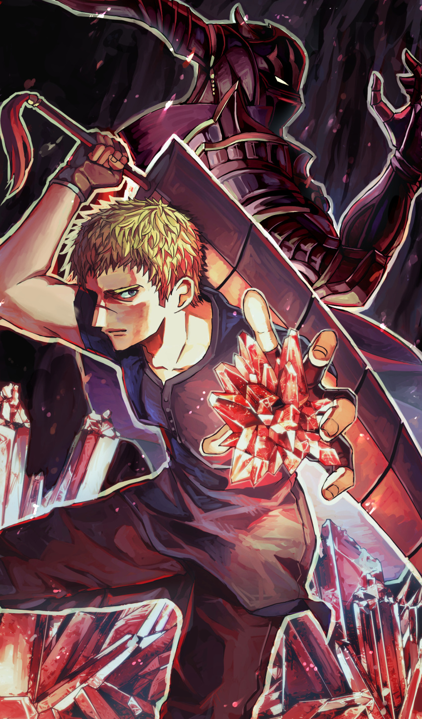 2boys, absurdres, armor, blonde_hair, crystal, dark_background, dual_persona, fake_horns