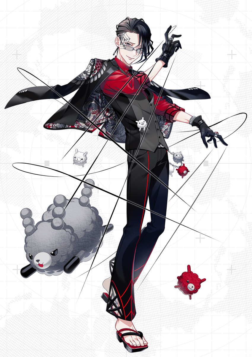 #compass, 1boy, asymmetrical_legwear, bangs, black_footwear, black_gloves, black_hair, black_jacket