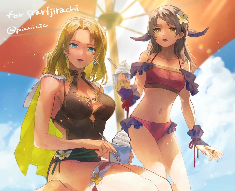 2girls, alternate_costume, bangs, bare_shoulders, bikini, black_swimsuit, blonde_hair, blue_eyes