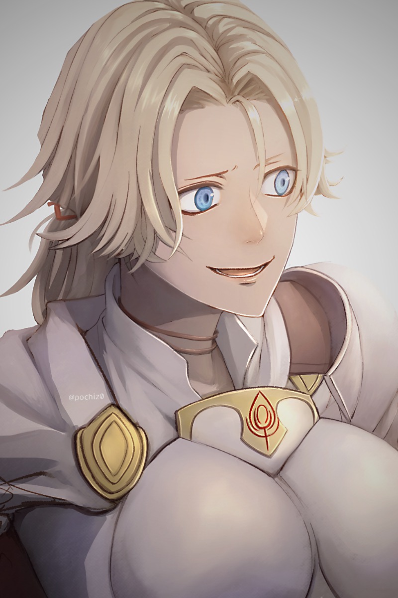 1girl, armor, blonde_hair, blue_eyes, breastplate, breasts, catherine_(fire_emblem), choker, fire_emblem, fire_emblem:_three_houses, highres, large_breasts, long_hair, looking_at_viewer, pochiz0, ponytail, solo, upper_body