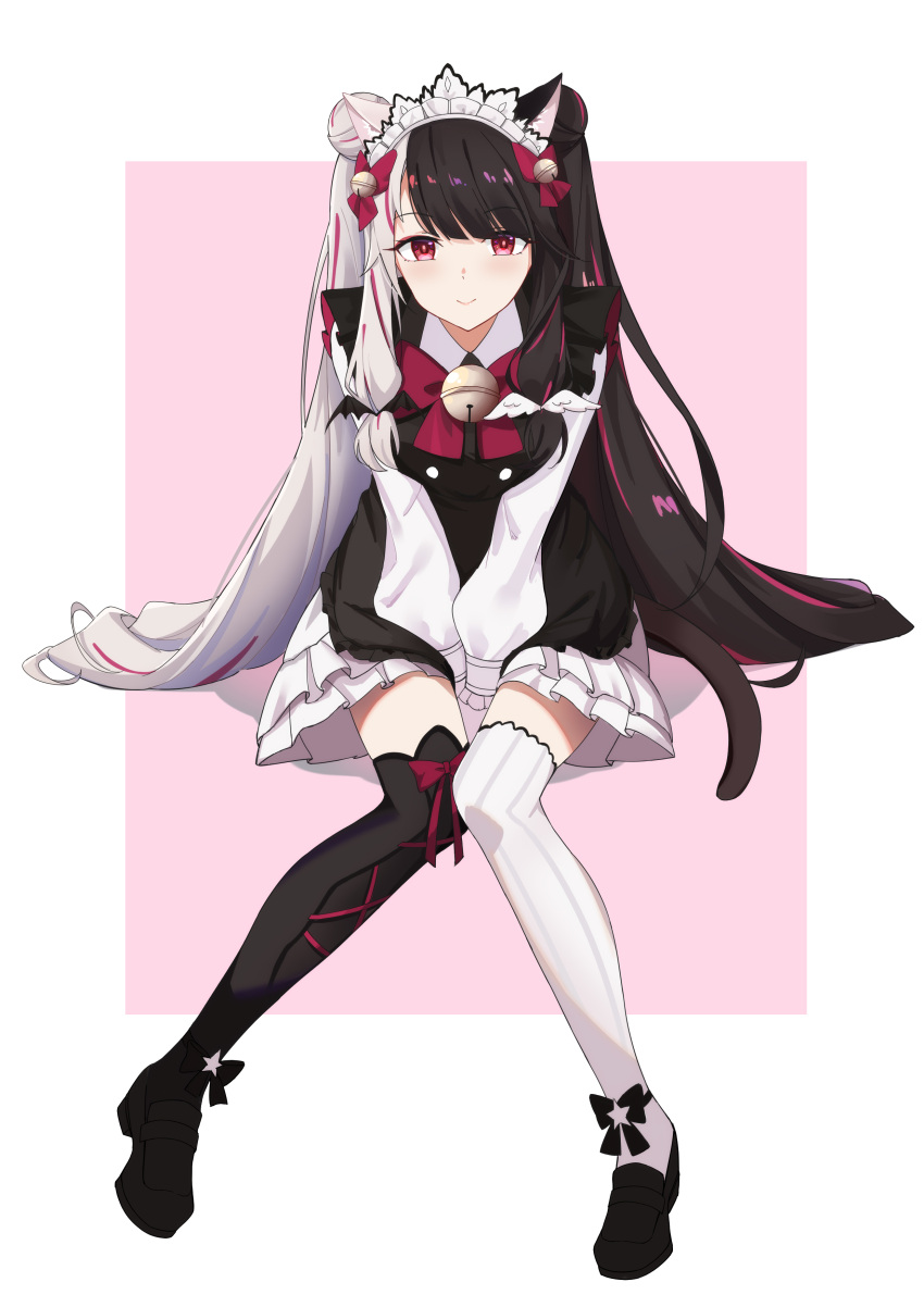1girl, absurdres, animal_ear_fluff, animal_ears, ankle_bow, anklet, apron, asymmetrical_legwear, bangs, bell, black_apron, black_footwear, black_hair, black_legwear, blunt_bangs, blush, bow, bowtie, cat_ears, cat_girl, cat_tail, collared_dress, commentary_request, double_bun, dress, eyebrows_visible_through_hair, frilled_dress, frilled_sleeves, frills, gloves, hair_bell, hair_bow, hair_ornament, highres, invisible_chair, jewelry, loafers, long_hair, looking_at_viewer, maid, maid_apron, maid_headdress, miuna_(498475051), multicolored_hair, nijisanji, pink_hair, puffy_sleeves, red_bow, red_bowtie, red_eyes, shoes, sidelocks, simple_background, sitting, smile, solo, split-color_hair, streaked_hair, tail, thigh-highs, twintails, two-tone_hair, very_long_hair, virtual_youtuber, white_dress, white_gloves, white_hair, white_legwear, yorumi_rena