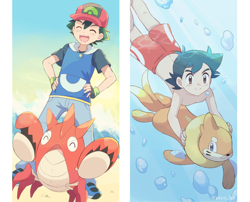 1boy, :d, ^_^, air_bubble, antenna_hair, ash_ketchum, bangs, blue_footwear, bubble, buizel, closed_eyes, closed_mouth, corphish, fingerless_gloves, gloves, green_hair, hands_on_hips, hat, highres, holding_breath, jacket, male_focus, male_swimwear, mei_(maysroom), open_mouth, pants, pokemon, pokemon_(anime), pokemon_(creature), pokemon_rse_(anime), red_headwear, red_male_swimwear, shoes, short_hair, short_sleeves, smile, swim_trunks, teeth, tongue, topless_male, twitter_username, underwater, upper_teeth