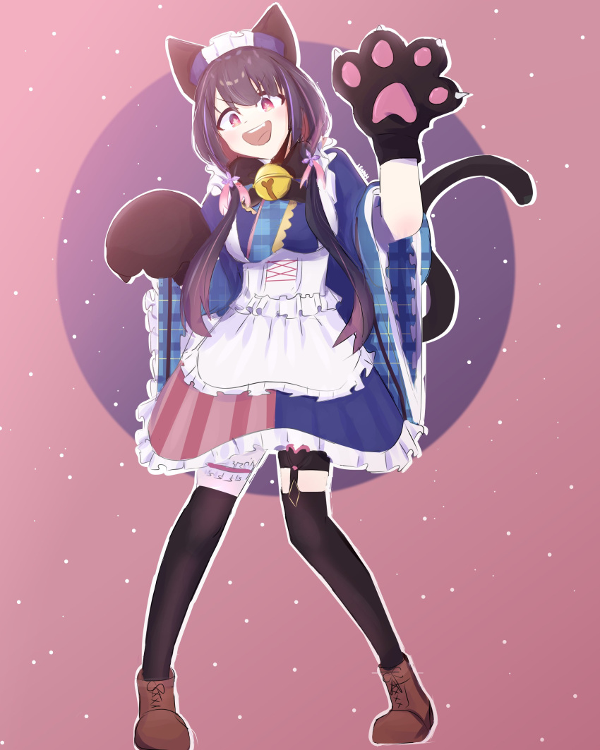 1girl, :d, absurdres, animal_ears, animal_hands, ankle_boots, apron, asymmetrical_clothes, asymmetrical_skirt, bell, black_bow, black_bowtie, black_hair, black_legwear, blue_dress, blue_headwear, blue_skirt, boots, bow, bowtie, brown_footwear, cat_ears, cat_paws, cat_tail, colored_inner_hair, cross-laced_footwear, dress, eyebrows_visible_through_hair, fake_animal_ears, fang, flower, frilled_apron, frilled_dress, frilled_skirt, frilled_sleeves, frills, gloves, gradient_eyes, hair_between_eyes, hair_flower, hair_ornament, highres, hina_misora, knees_together_feet_apart, lace-up_boots, leg_garter, lolita_fashion, long_hair, looking_at_viewer, maid_apron, mary_yerlein, multicolored_clothes, multicolored_eyes, multicolored_hair, multicolored_skirt, neck_bell, open_mouth, paw_gloves, paw_pose, pink_background, pink_eyes, pink_hair, pink_skirt, plaid, plaid_dress, plaid_kimono, ribbon-trimmed_sleeves, ribbon_trim, skirt, smile, standing, streaked_hair, striped, striped_skirt, symbol-shaped_pupils, tail, teeth, thigh-highs, thigh_strap, two-tone_hair, upper_teeth, v-shaped_eyebrows, vertical-striped_skirt, vertical_stripes, virtual_youtuber, wa_lolita, wactor_production, white_apron, white_flower, wide_sleeves, yellow_eyes, zettai_ryouiki