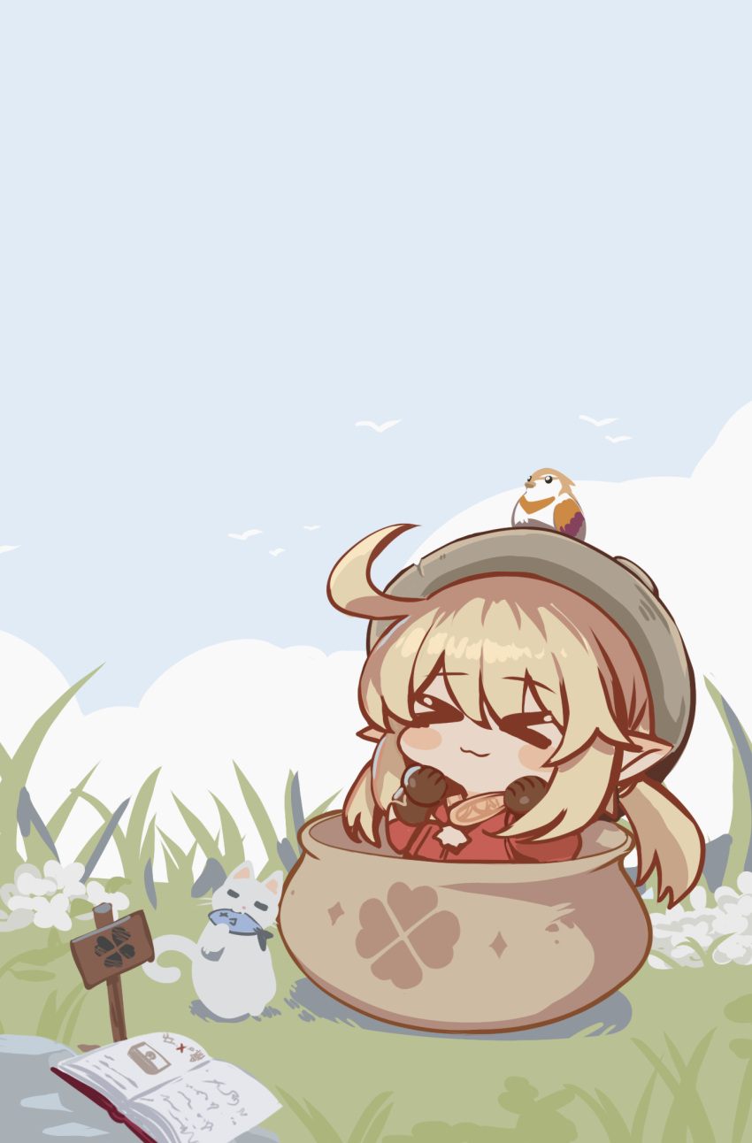 >_<, 1girl, ahoge, animal, bangs, bird, black_gloves, blue_sky