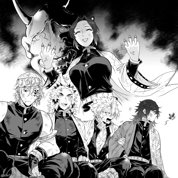 1girl, 4boys, :d, anger_vein, angry, arm_grab, armlet, asymmetrical_clothes