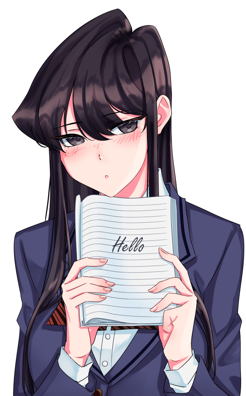 1girl, absurdres, bangs, black_eyes, black_hair, blue_jacket, blush, commentary_request, english_text, eyebrows_visible_through_hair, highres, holding, holding_notebook, jacket, komi-san_wa_komyushou_desu, komi_shouko, long_hair, long_sleeves, looking_at_viewer, notebook, parted_lips, school_uniform, simple_background, solo, swept_bangs, tylergreen, upper_body, white_background