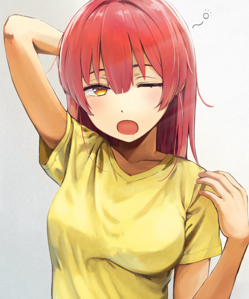 1girl, arm_up, breasts, collarbone, hair_between_eyes, hand_up, highres, long_hair