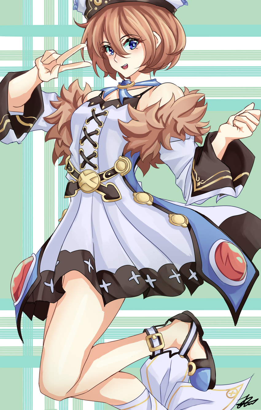 1girl, absurdres, blanc_(neptune_series), blue_eyes, breasts, brown_hair, commentary_request, dress, full_body, fur_trim, hat, highres, jacket, looking_at_viewer, neptune_(series), open_mouth, ribbon, short_hair, signature, small_breasts, solo, standing, standing_on_one_leg, teeth, tylergreen, upper_teeth, v, white_dress, white_headwear, white_jacket