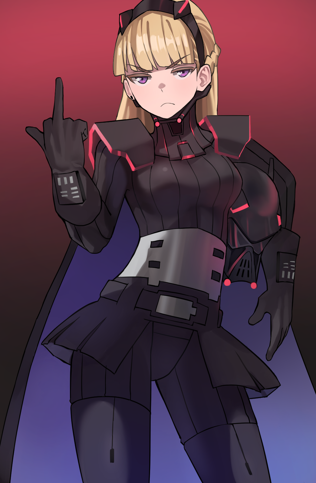 >:(, 1girl, am_(star_wars), black_gloves, black_skirt, blonde_hair, breasts, cape