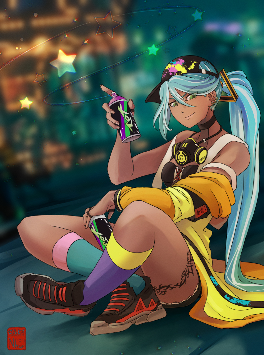 1girl, absurdres, aiming_at_viewer, artist_name, asymmetrical_legwear, baseball_cap, black_shorts, boots