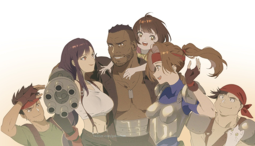 3boys, 3girls, :d, amputee, armor, bandana, barret_wallace, beard