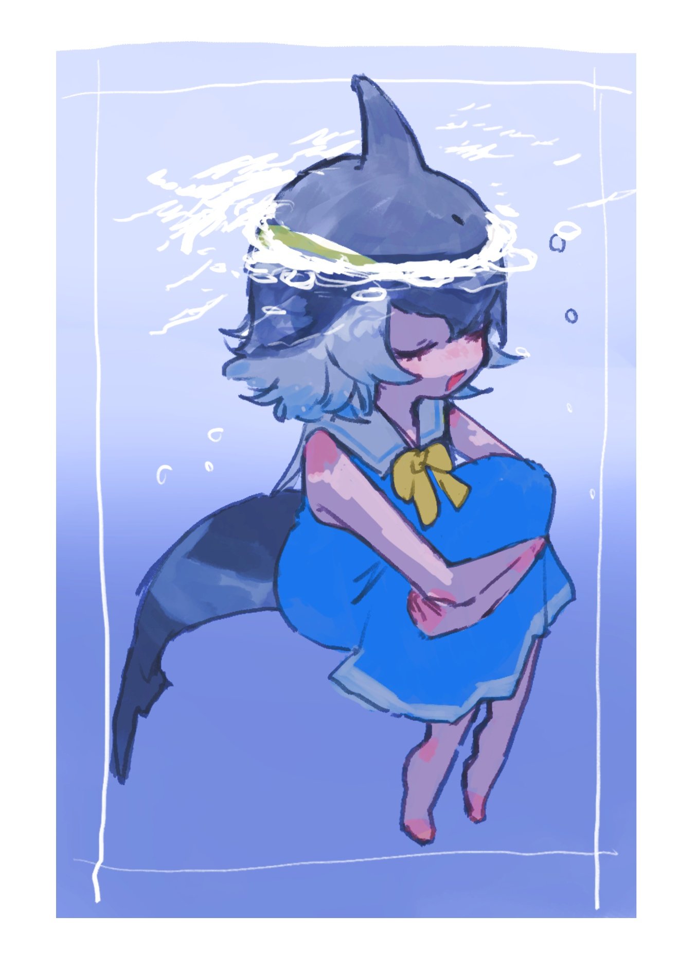 1girl, barefoot, black_hair, blonde_hair, blowhole, blue_dress, blush, bow, bowtie, buttergirl_02, cetacean_tail, closed_eyes, common_dolphin_(kemono_friends), curled_up, dolphin_girl, dorsal_fin, dress, eyebrows_visible_through_hair, highres, kemono_friends, knees_to_chest, multicolored_hair, open_mouth, partially_submerged, sailor_collar, sailor_dress, short_hair, sleeping, solo, tail, water, white_hair, yellow_bow, yellow_bowtie