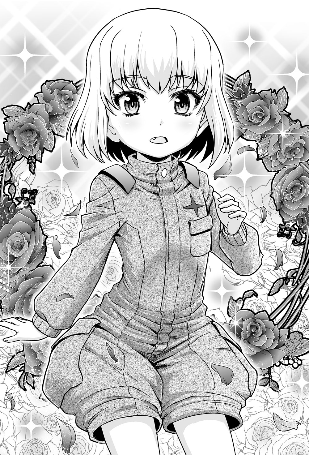 1girl, bangs, bob_cut, commentary_request, eyebrows_visible_through_hair, fang, floral_background, flower