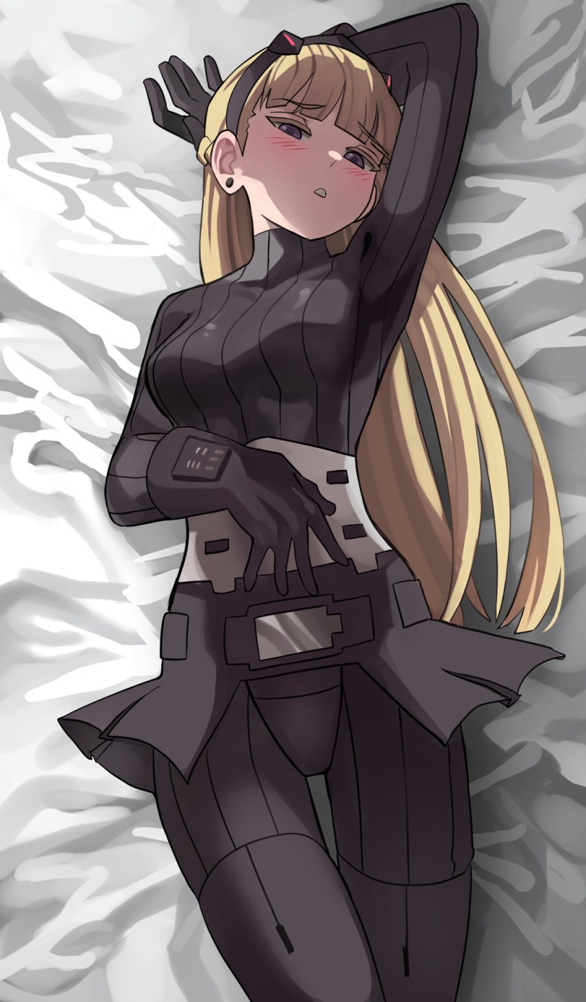 1girl, am_(star_wars), arm_behind_head, belt, black_bodysuit, black_gloves, black_skirt, blush