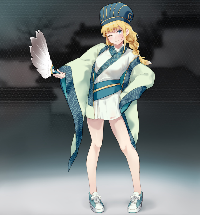 1girl, blonde_hair, blue_eyes, borrowed_garments, braid, chinese_clothes, cosplay, fairyfloss