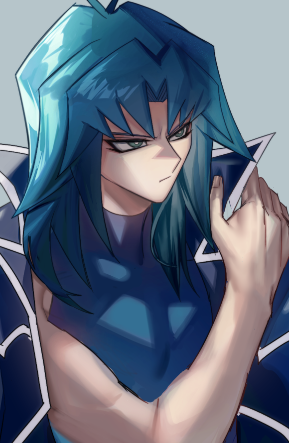 1boy, aqua_eyes, aqua_hair, bangs, coat, coat_on_shoulders, collar, duel_academy_uniform_(yu-gi-oh!_gx)
