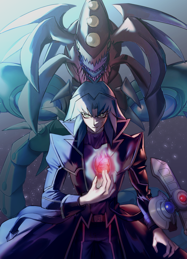 1boy, aqua_eyes, aqua_hair, bangs, coat, cyberdark_dragon, duel_academy_uniform_(yu-gi-oh!_gx), duel_disk