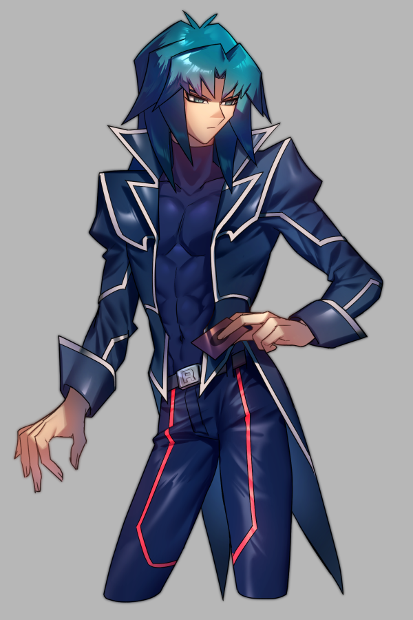 1boy, aqua_eyes, aqua_hair, bangs, black_pants, card, covered_abs, covered_collarbone