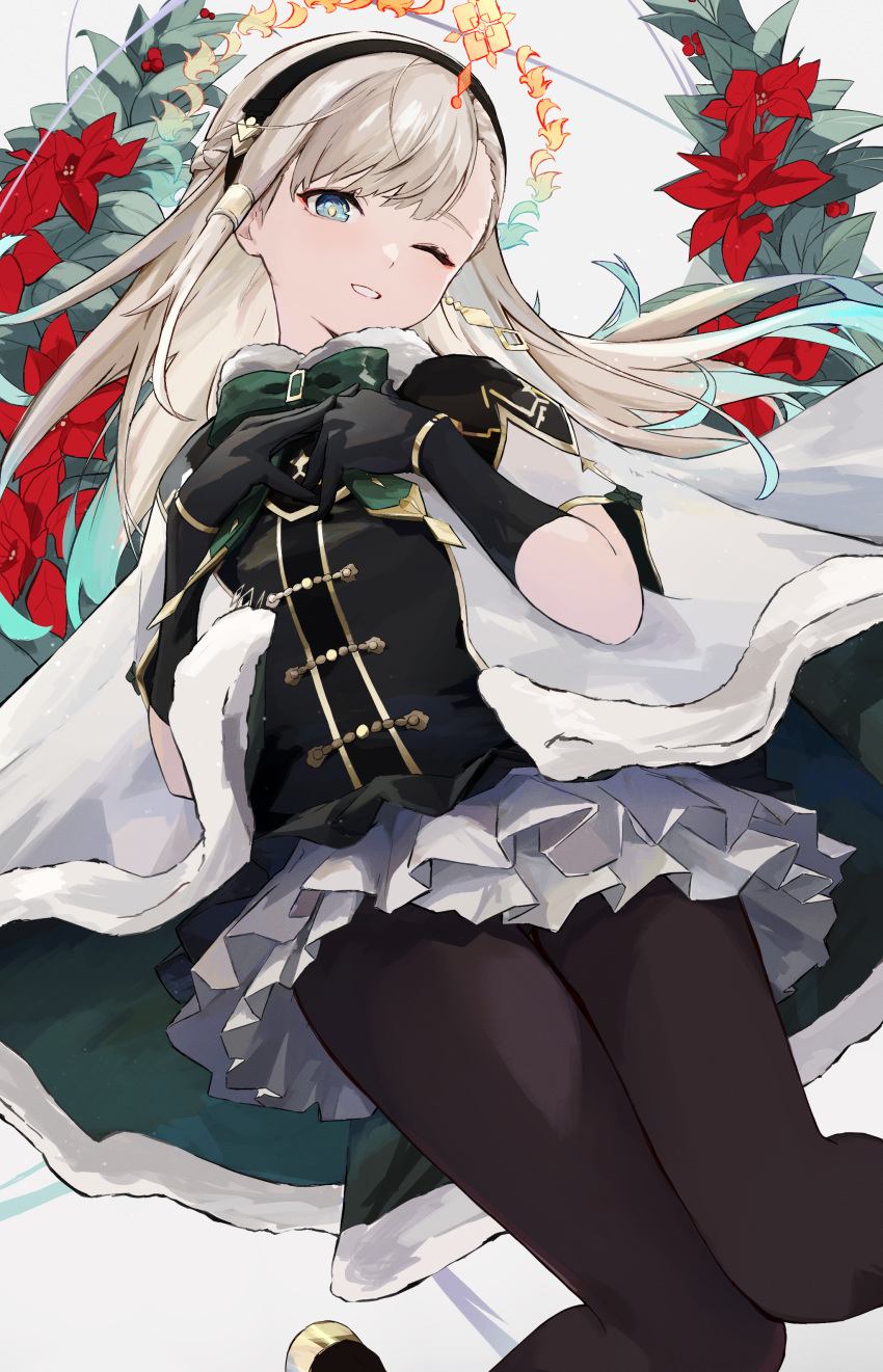 absurdres, ace_kin, black_legwear, blue_eyes, capelet, christmas, flower, gloves