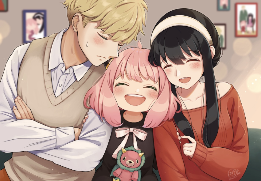 1boy, 2girls, :d, ^_^, anya_(spy_x_family), bangs, bare_shoulders, black_dress